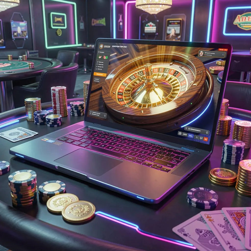 Modern laptop displaying an online roulette wheel surrounded by casino chips and playing cards representing the immersive live casino atmosphere at 789 WINE in Vietnam
