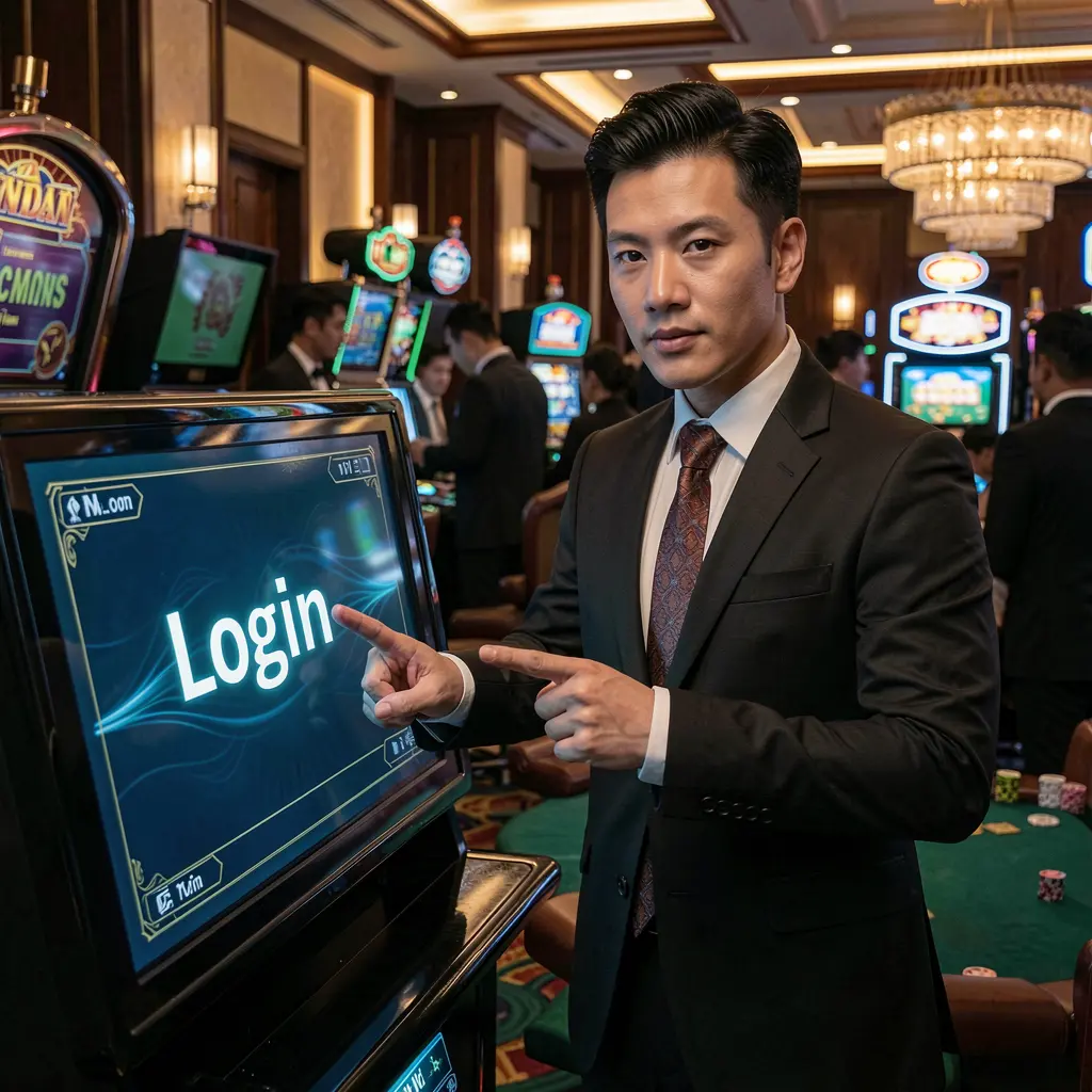 Confident casino host pointing at a glowing login sign inside a modern gaming environment highlighting trusted access with 789 WINE in Vietnam