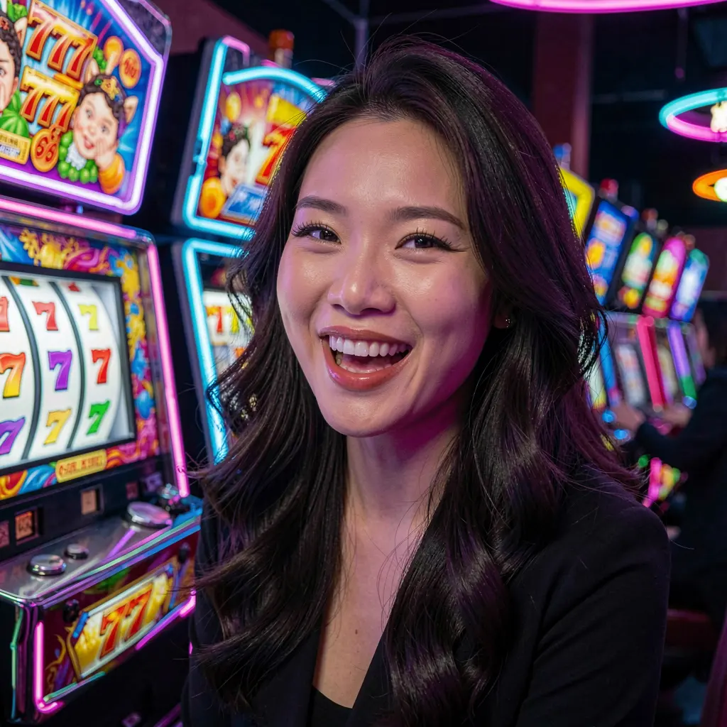 Excited woman enjoying modern slot machines with glowing 777 symbols in a vibrant casino atmosphere at 789 WINE in Vietnam